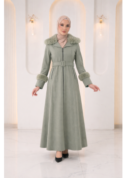 مانطو جوخ محزز طويل مع فرو وكمر 1395  - عفني