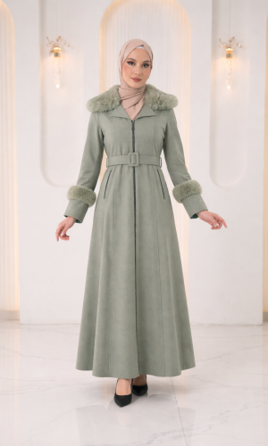 Long Textured Coat with Fur 1395  - mint