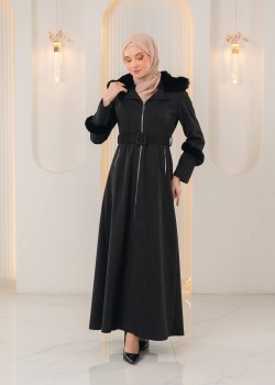 مانطو جوخ محزز طويل مع فرو وكمر 1395  - اسود