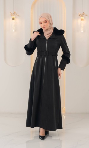 مانطو جوخ محزز طويل مع فرو وكمر 1395  - اسود