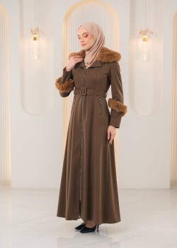 مانطو جوخ محزز طويل مع فرو وكمر 1395  - بني