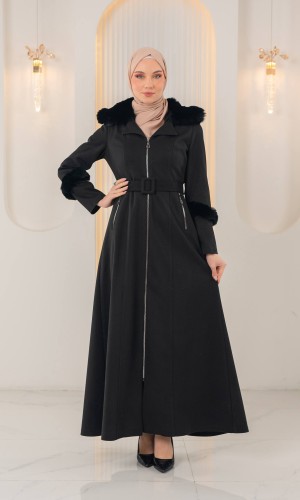 مانطو جوخ محزز طويل مع فرو وكمر 1395  - اسود