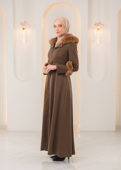 مانطو جوخ محزز طويل مع فرو وكمر 1395  - بني
