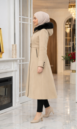 Midi Wool Trench Coat with Fur Collar and Belt 1397  - beige