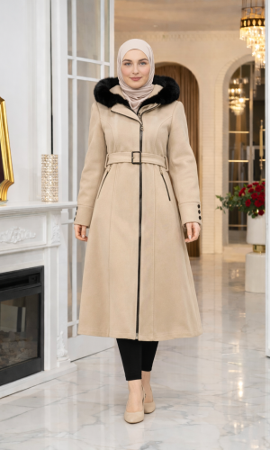 Midi Wool Trench Coat with Fur Collar and Belt 1397  - beige