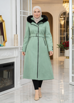 بالطو جوخ ميدي بياقة فرو وحزام 1397  - عفني