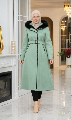 Midi Wool Trench Coat with Fur Collar and Belt 1397  - mint