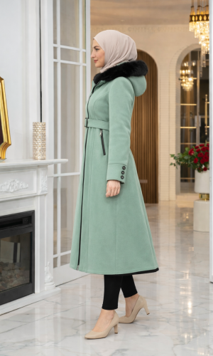 Midi Wool Trench Coat with Fur Collar and Belt 1397  - mint