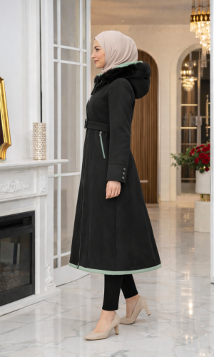 بالطو جوخ ميدي بياقة فرو وحزام 1397  - اسود