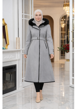 بالطو جوخ ميدي بياقة فرو وحزام 1397  - فضي