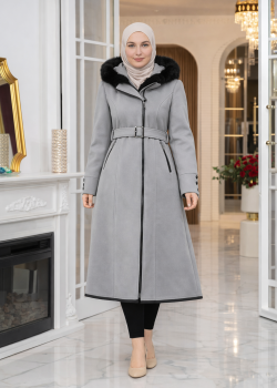 بالطو جوخ ميدي بياقة فرو وحزام 1397  - فضي