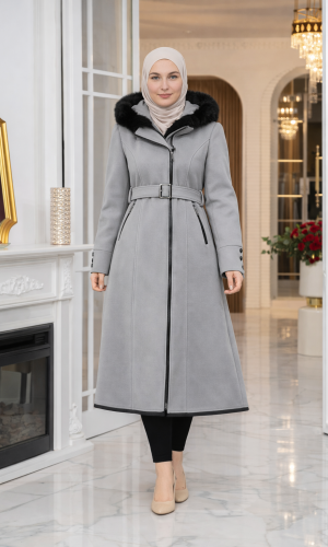 Midi Wool Trench Coat with Fur Collar and Belt 1397  - gray