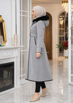 بالطو جوخ ميدي بياقة فرو وحزام 1397  - فضي