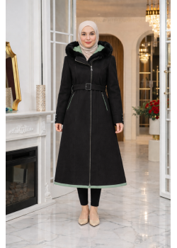 بالطو جوخ ميدي بياقة فرو وحزام 1397  - اسود