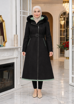 بالطو جوخ ميدي بياقة فرو وحزام 1397  - اسود