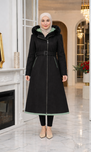 بالطو جوخ ميدي بياقة فرو وحزام 1397  - اسود