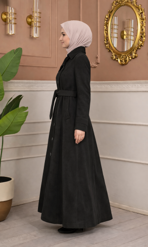 Langer Wollmantel mit Schrägkragen und Gürtel 1398  - Anthrazit