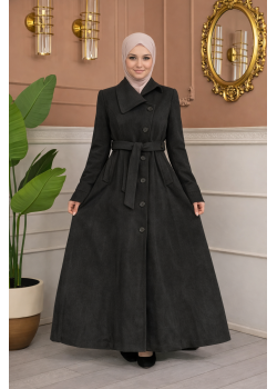 مانطو جوخ طويل بياقة مائلة وحزام 1398  - رمادي