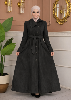 مانطو جوخ طويل بياقة مائلة وحزام 1398  - رمادي