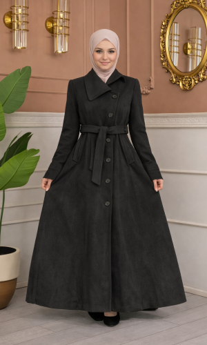Langer Wollmantel mit Schrägkragen und Gürtel 1398  - Anthrazit