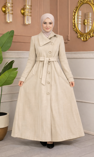 مانطو جوخ طويل بياقة مائلة وحزام 1398  - سكري