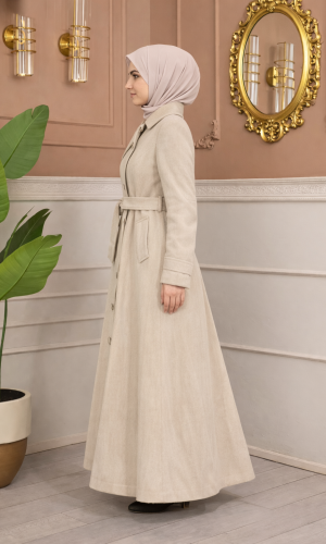 مانطو جوخ طويل بياقة مائلة وحزام 1398  - سكري