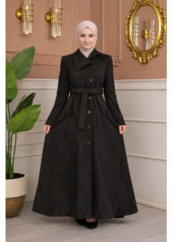 مانطو جوخ طويل بياقة مائلة وحزام 1398  - اسود
