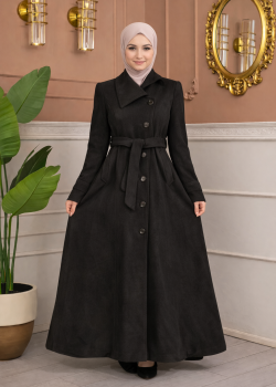 مانطو جوخ طويل بياقة مائلة وحزام 1398  - اسود