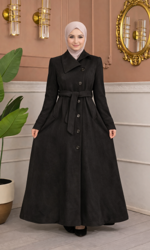 Langer Wollmantel mit Schrägkragen und Gürtel 1398  - Schwarz