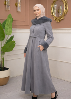 مانطو شاموا نسائي مبطن بفرو مع كبيشون كامل 1367 - فضي