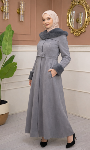 Damen Wildleder-Mantel mit Pelzfutter und Voll-Kabischon 1367 - Grau