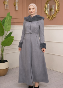 مانطو شاموا نسائي مبطن بفرو مع كبيشون كامل 1367 - فضي