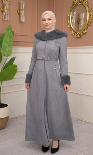 Damen Wildleder-Mantel mit Pelzfutter und Voll-Kabischon 1367 - Grau