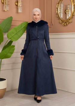 مانطو شاموا نسائي مبطن بفرو مع كبيشون كامل 1367 - كحلي