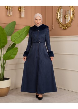 مانطو شاموا نسائي مبطن بفرو مع كبيشون كامل 1367 - كحلي