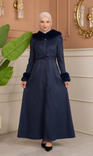 مانطو شاموا نسائي مبطن بفرو مع كبيشون كامل 1367 - كحلي