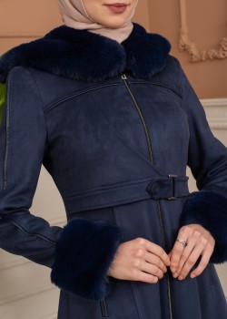 مانطو شاموا نسائي مبطن بفرو مع كبيشون كامل 1367 - كحلي