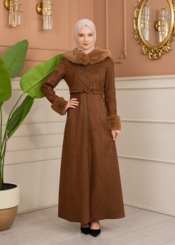 Damen Wildleder-Mantel mit Pelzfutter und Voll-Kabischon 1367 - Braun