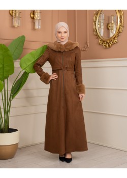 مانطو شاموا نسائي مبطن بفرو مع كبيشون كامل 1367 - بني