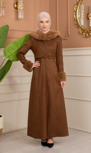 مانطو شاموا نسائي مبطن بفرو مع كبيشون كامل 1367 - بني