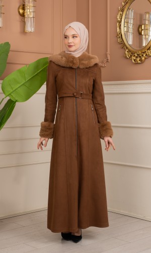 مانطو شاموا نسائي مبطن بفرو مع كبيشون كامل 1367 - بني