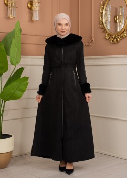 Damen Wildleder-Mantel mit Pelzfutter und Voll-Kabischon 1367 - Schwarz