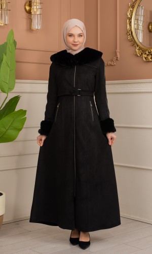 مانطو شاموا نسائي مبطن بفرو مع كبيشون كامل 1367 - اسود