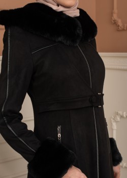 Damen Wildleder-Mantel mit Pelzfutter und Voll-Kabischon 1367 - Schwarz