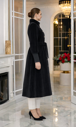 ترانشكوت شتوي مبطن قماش فرو فرس بياقة مرتفعة 1391 - اسود