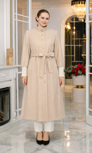 Lined Faux Pony Fur Winter Trench Coat 1391 - beige