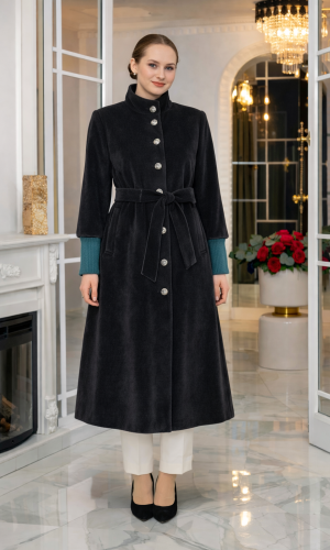 ترانشكوت شتوي مبطن قماش فرو فرس بياقة مرتفعة 1391 - رمادي