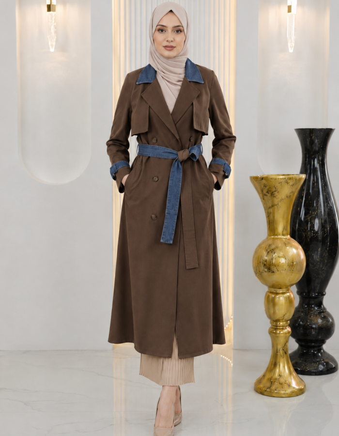 1242 ترانشكوت كتان مع جينز ازرار  - brown