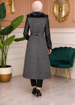 معطف جوخ موهير بأكمام جلد وقبعة فرو 1364 - رمادي