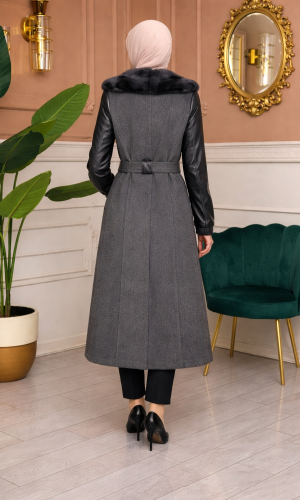 Mohair-Filz Mantel mit Lederärmeln und Fellkapuze 1364 - Anthrazit